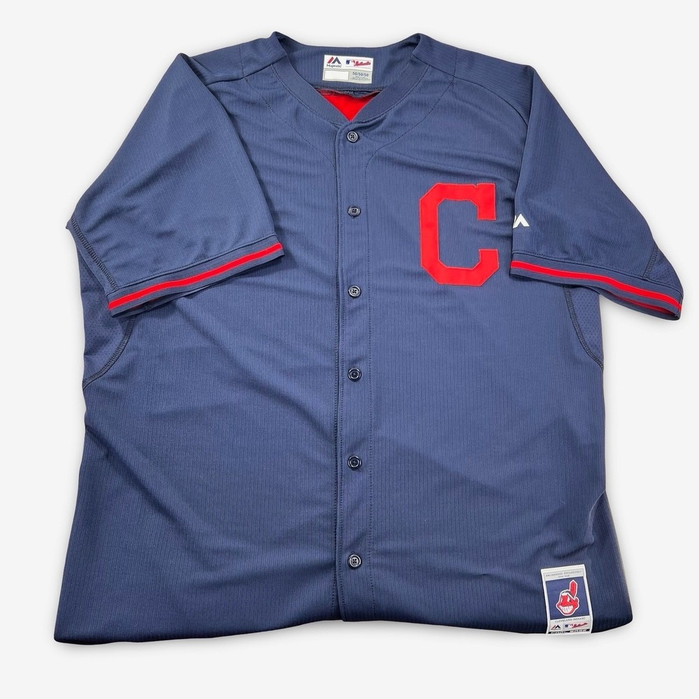 Cleveland Indians Baseball Jersey Mens 50 Blue Cool Base Chief Wahoo Majestic